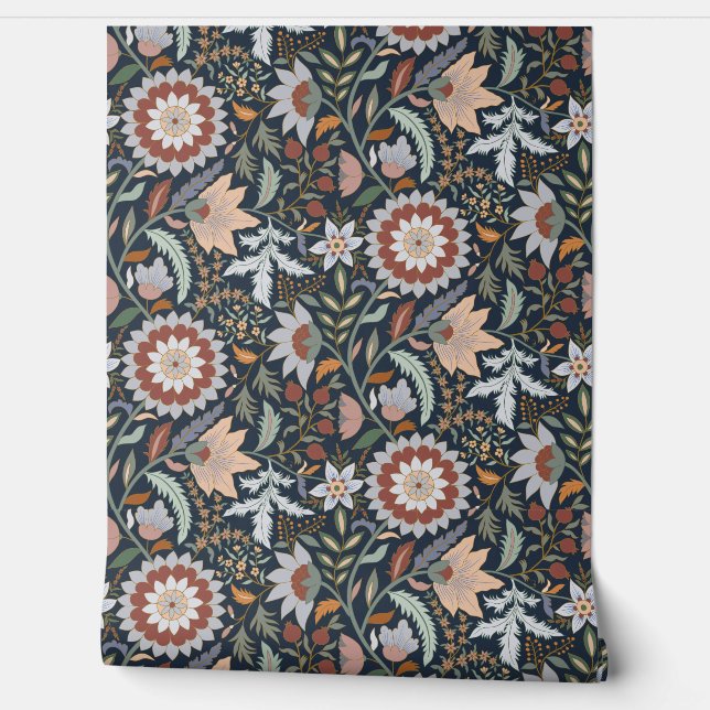 Papier Peint Floral indien Moody Boho avec arrière - plan bleu  (Déroulement)