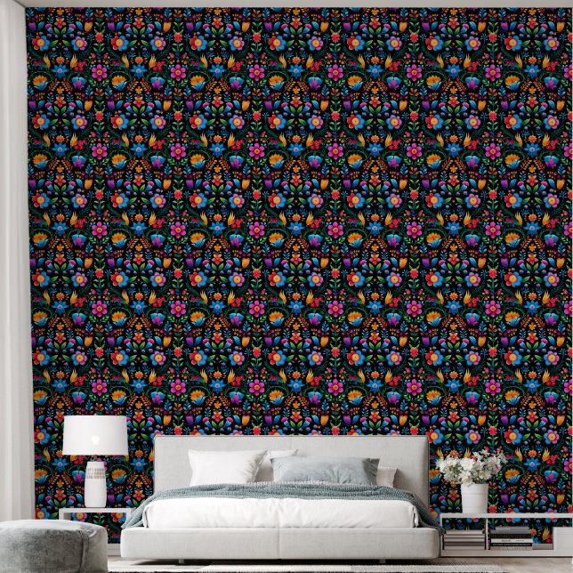 Papier Peint Floral mexicain sur noir (Chambre à coucher)
