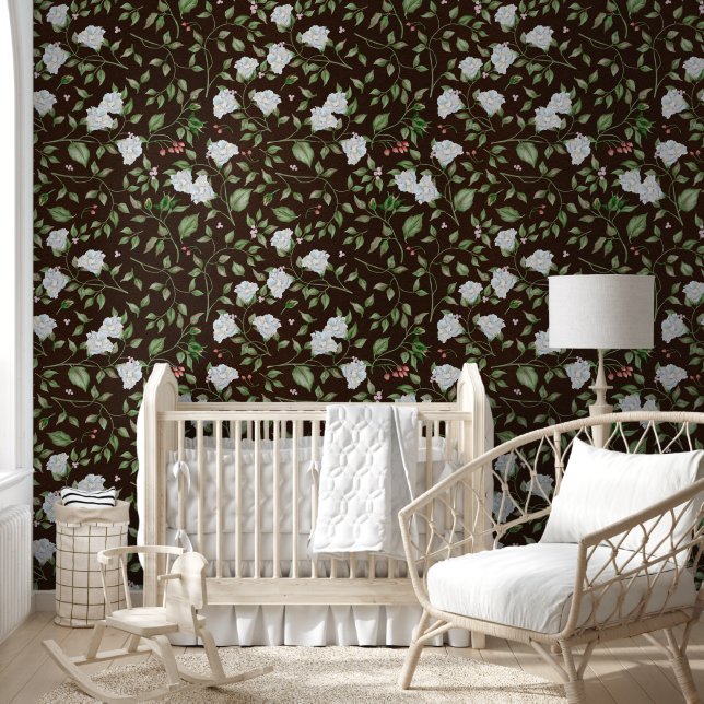 Papier Peint Floral noir et blanc avec Feuilles verts (Enfants)