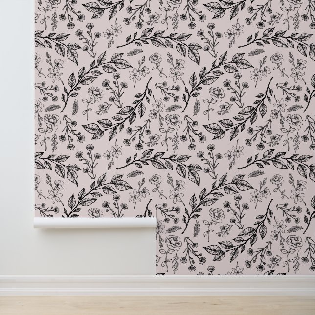 Papier Peint Floral noir et rose (Application)