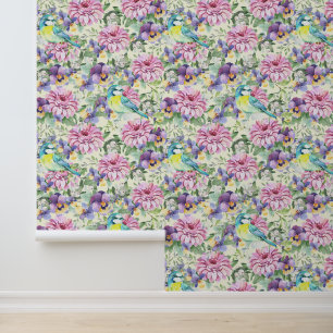 Papier Peint Floral rose Zinnia Fleurs violettes Pansies Oiseau