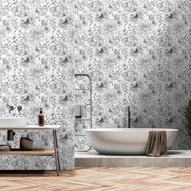 Papier Peint Flore moderne Lineart noir blanc (Salle de bain)