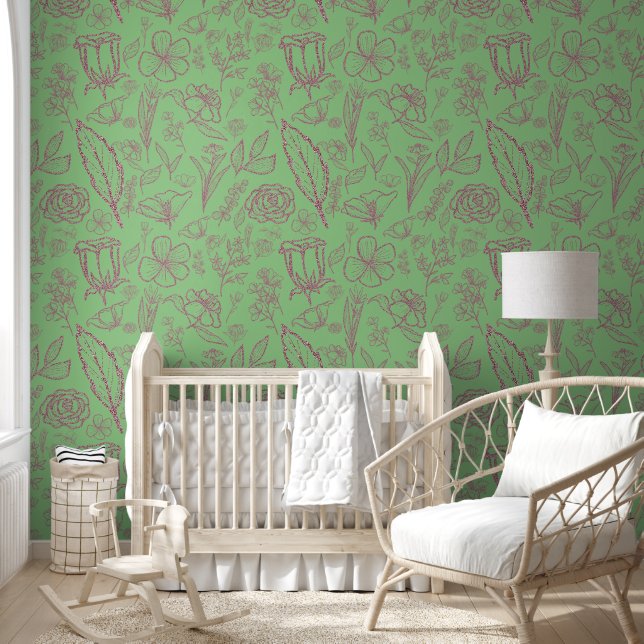 Papier Peint Flore rose simple sur vert | (Enfants)