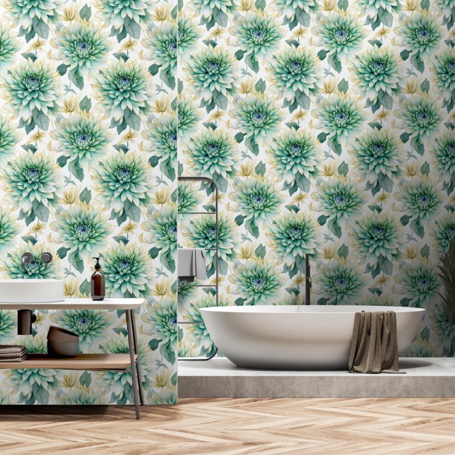 Papier Peint Flore verte blanche (Salle de bain)