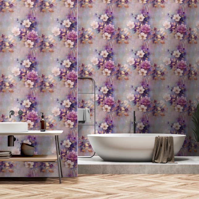 Papier Peint Flore violet blanc or (Salle de bain)