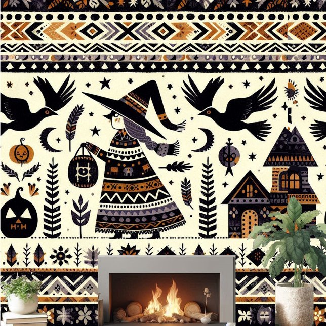 Papier Peint Folk Art Black Birds Citrouille sorcière hantée Ma (Folk Art Black Birds Pumpkins Witch Haunted House Wallpaper )