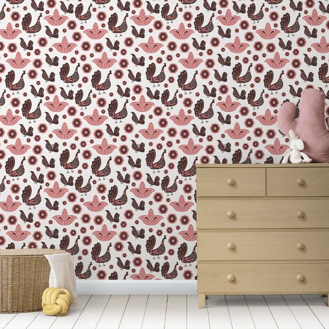 Papier Peint Folklore scandinave rustique Oiseaux nordiques (Rustic Scandinavian Folklore Nordic Birds Wallpaper)