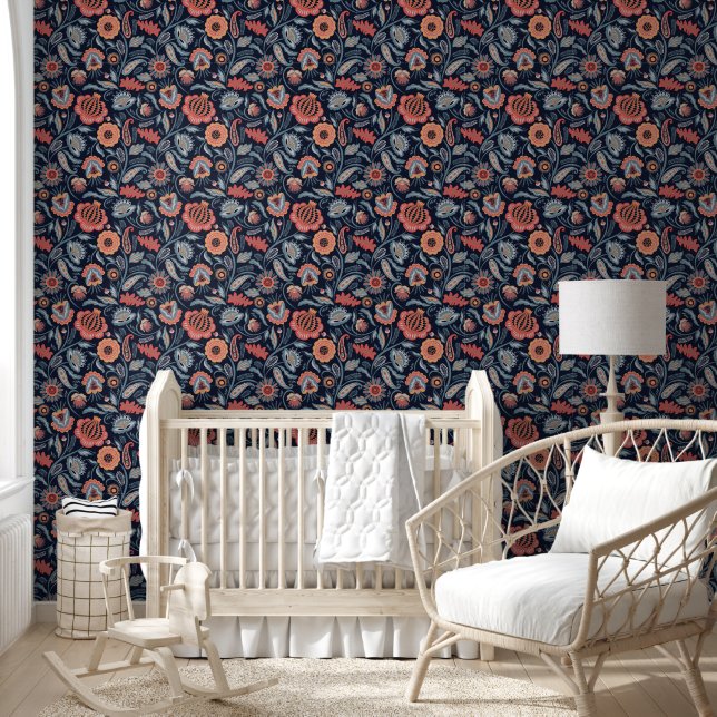 Papier Peint Fond d'écran - Conception florale Boho fond bleu (Enfants)