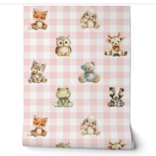 Papier Peint Forêt boisée Animaux Pink Plaid Baby Girl