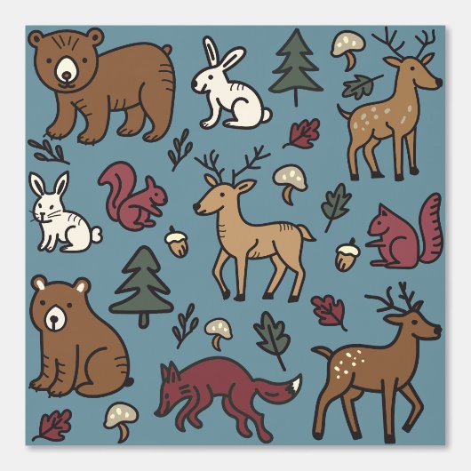 Papier Peint Forêt boisée Doodle Animaux Crème (Recto)