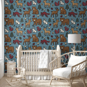 Papier Peint Forêt boisée Doodle Animaux Crème