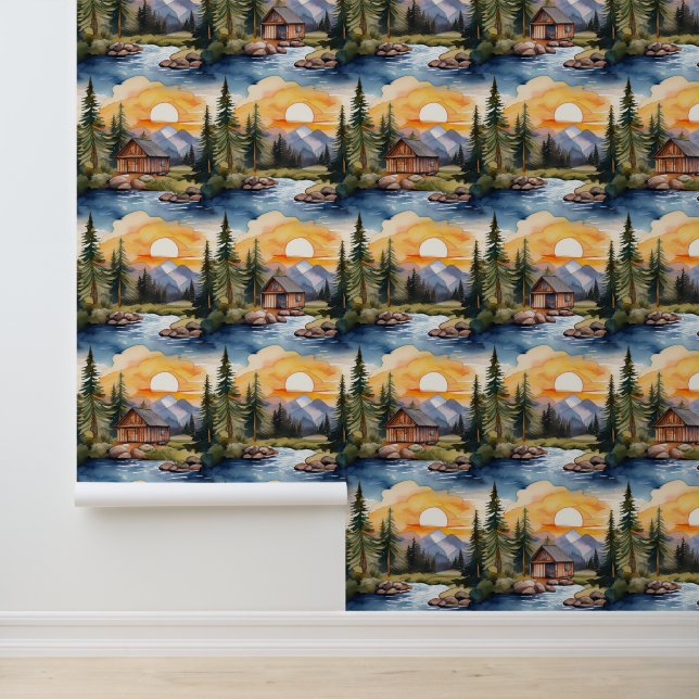 Papier Peint Forêt forestière Cabine Creek Sunset Mountains (Application)