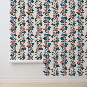 Papier Peint Fraises vintages et Feuilles bleus motif floral