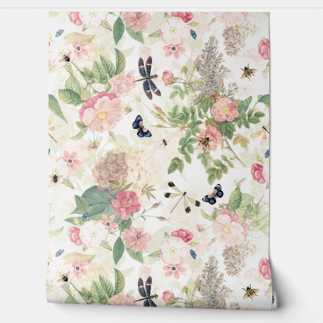 Papier Peint French Rococo Redouté Jardin Rose Et Fleurs (Déroulement)
