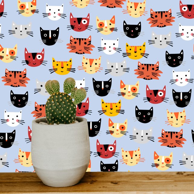 Papier Peint Fun Kitty Chat Motif bleu (Fun cat faces  art wallpaper for animal lovers)