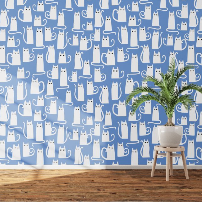 Papier Peint Fun Motif de chat blanc sur bleu (White cats on blue art wallpaper)