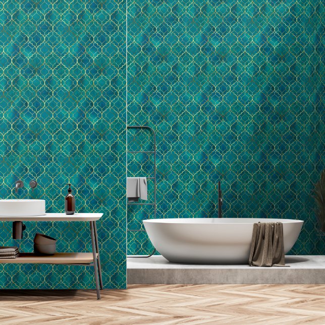 Papier Peint Géométrie Émeraude Dorée (Salle de bain)