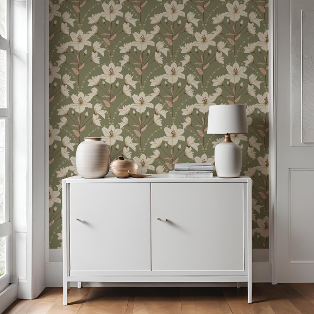 Papier Peint Géométrique Floral Sage Vert Beige Lily Motif (Créateur téléchargé)
