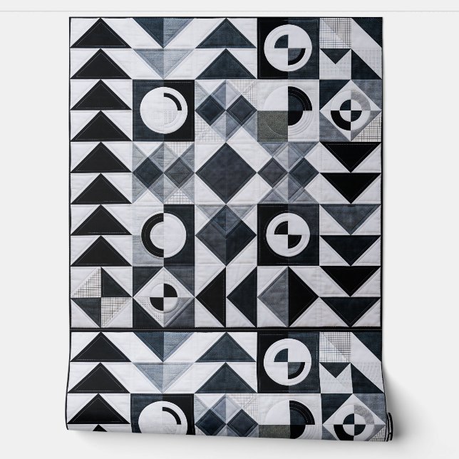 Papier Peint Géométrique Moderne Noir Blanc Gris Texturé (Déroulement)