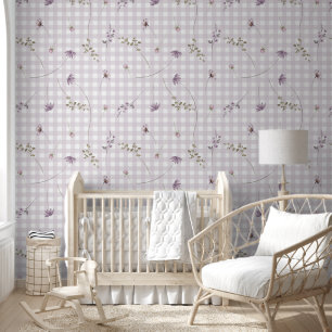 Papier Peint Gingham floral lavande