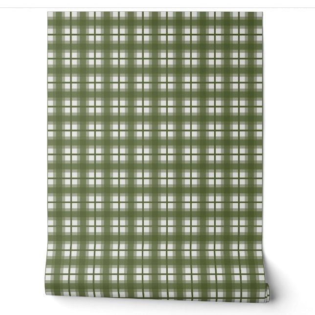 Papier Peint Gingham Indien - Camouflage Vert Olive (Déroulement)