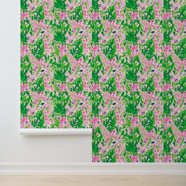 Papier Peint Giraffes Pink Green Tropical (Application)
