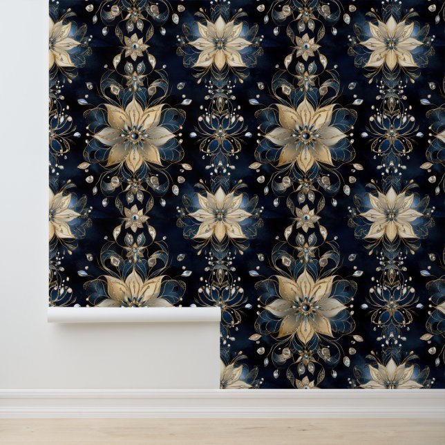 Papier Peint Glam Luxe Navy Gold Floral (Application)