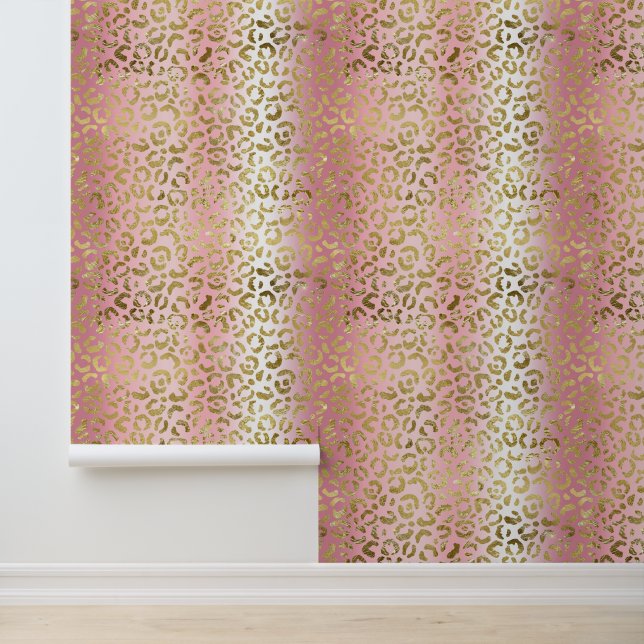 Papier Peint Glam Pink Ombre Gold Leopard Motif (Application)
