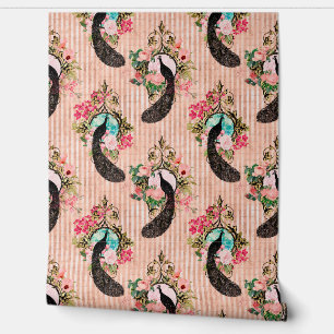 Papier Peint Golfeuse vintage à fleurs de paon rayé rose bleu n