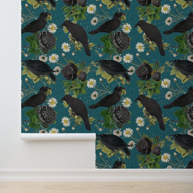 Papier Peint Goth Crows et Roses noirs Profond Turquoise Motif (Application)