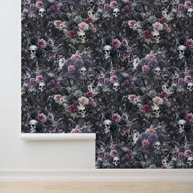 Papier Peint Gothique Moody Flowers Crânes et corbeaux (Application)