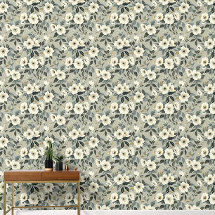 Papier Peint Grand vert floral blanc et gris
