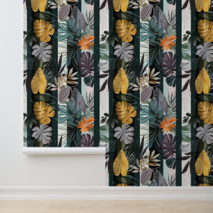 Papier Peint Gras bandes verticales vives avec feuilles plantes