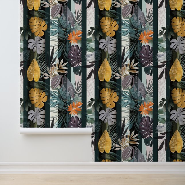 Papier Peint Gras bandes verticales vives avec feuilles plantes (Application)