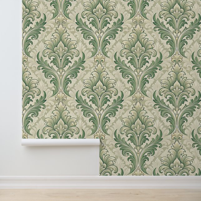 Papier Peint Green and Beige Vintage Botanical Flowers Pattern (Application)