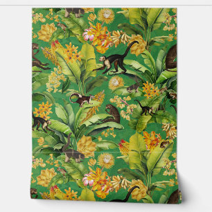 Papier Peint Green Tropical Vintage Monkey Floral Rainforest