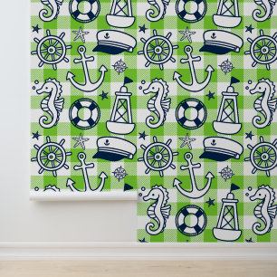 Papier Peint Gribouillages Marins – Gingham côtier vert citron