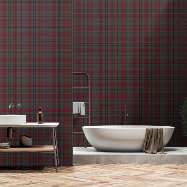 Papier Peint Gris foncé Noir Rouge Grand Tartan Plaid (Salle de bain)
