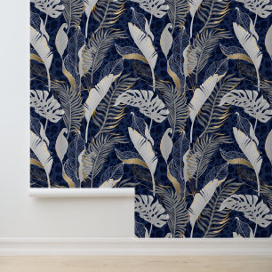 Papier Peint Gris pastel et feuilles de palmier tropicales doré