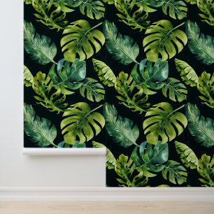 Papier Peint Gros Feuilles verts tropicaux en noir