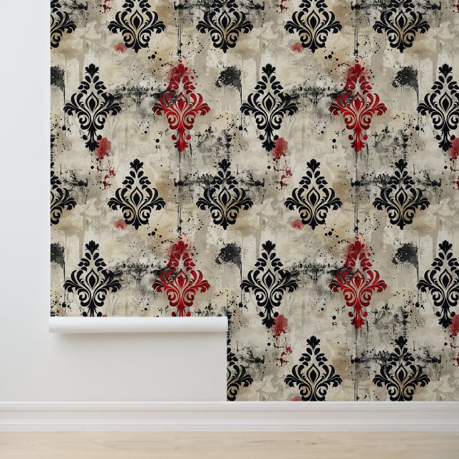 Papier Peint Grunge Noir & Rouge Ornemental Damask Déplaisant (Application)