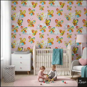 Papier Peint Happy Butterfly Cloud Sky Motif - rose