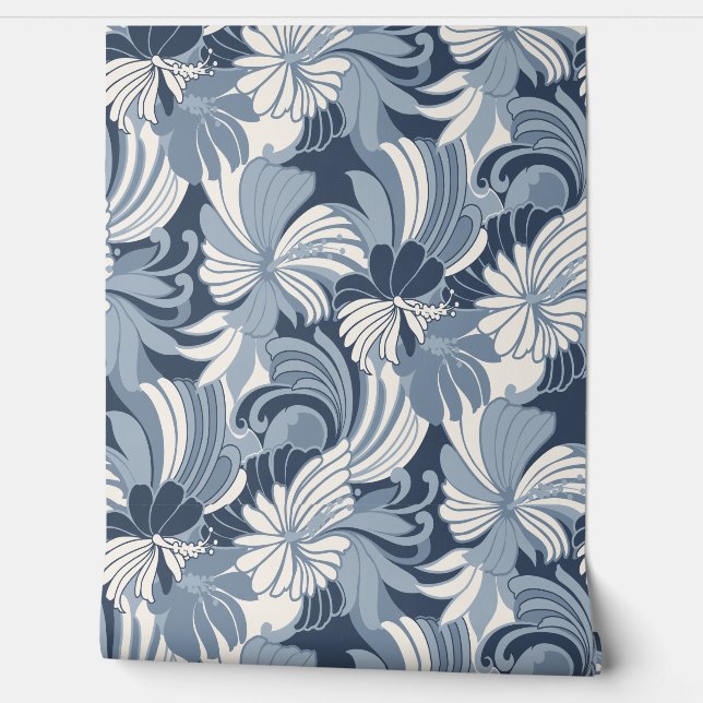 Papier Peint Hibiscus Jungle Hawaiian Tropical Floral - Denim (Déroulement)