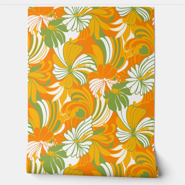 Papier Peint Hibiscus Jungle Hawaiian Tropical Floral - Orange (Déroulement)
