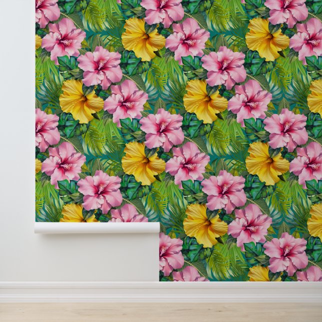 Papier Peint Hibiscus Jungle Seamless Pattern (Application)