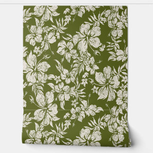 Papier Peint Hibiscus Pareau Hawaïen en détresse - Olive foncé