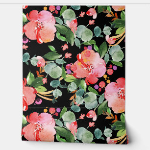 Papier Peint Hibiscus rouge Eucalyptus Vert sur Noir