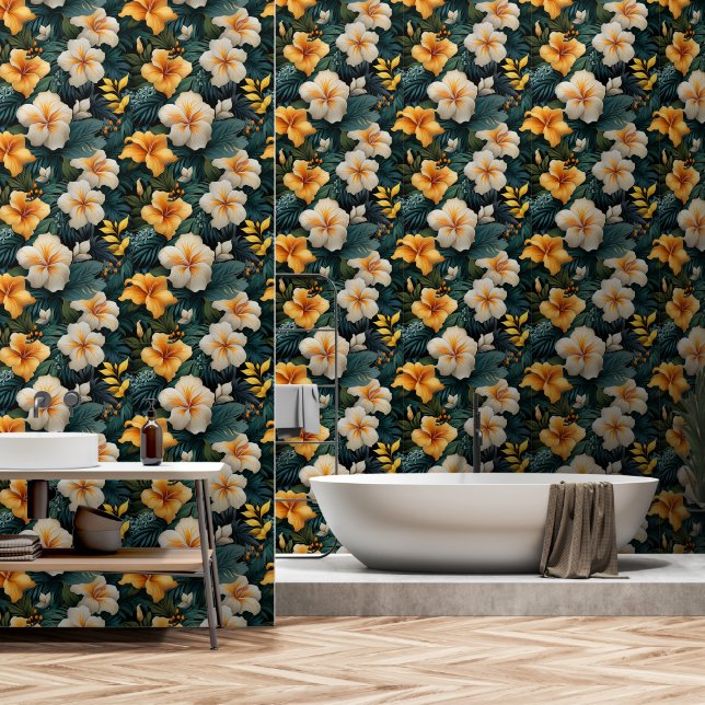 Papier Peint Hibiscus vert et jaune Forêt tropicale (Salle de bain)