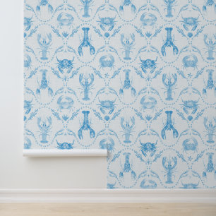 Papier Peint Homard préppy côtier et crabes en bleu clair