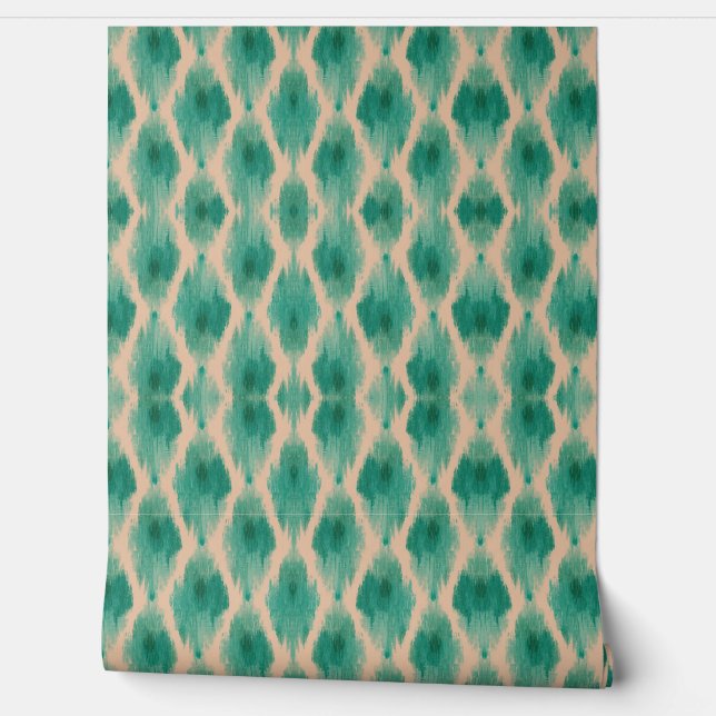 Papier Peint Ikat Moderne Sarcelle & Beige | Boho  (Déroulement)